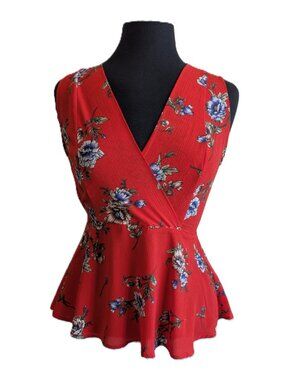 Monteau Los Angeles Red Floral Wrap-Front Top | Size M